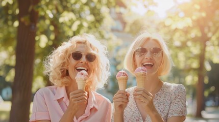 Fototapeta premium Joyful Women Enjoying Ice Cream Cones in Summer Sunshine. Generative ai