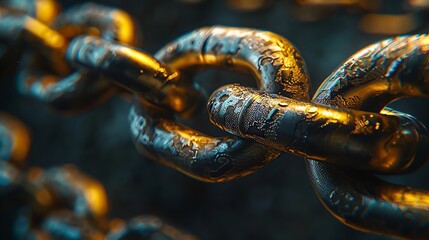 Close-up of steel and gold chain links against a textured dark background