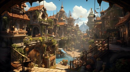Obraz premium Enchanting riverside village with rustic homes ai generated 2D cartoon illustration