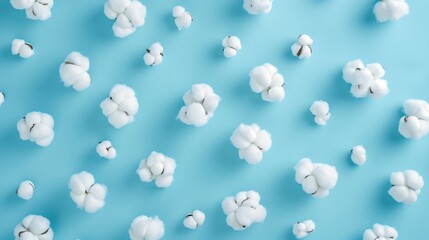 Fluffy cotton flowers on pastel blue background. Flat lay, top view