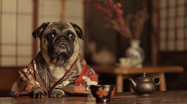 Pug in a traditional Japanese kimono sitting by a tea set