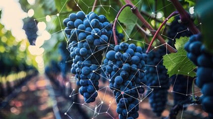 Naklejka premium Wine vineyards and sensor network circuits optimizing grape growth