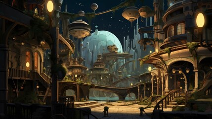 Twilight in fantastical city with ambient light ai generated 2D cartoon illustration