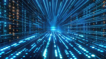 Abstract digital matrix with streaming binary code in neon blue