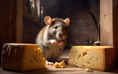 A rat eats cheese in a pantry. Illustration with the rodent.	