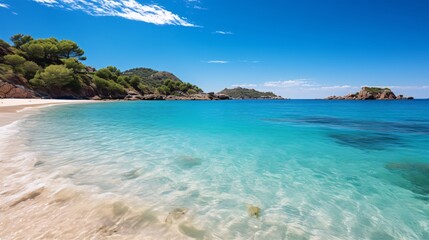 a clear blue water with trees and hills in the background