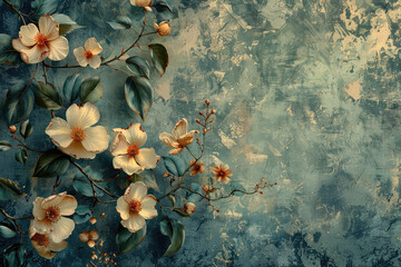 A beautiful painting of flowers on the wall, with a vintage oil paint texture and light blue and white tones. Created with Ai