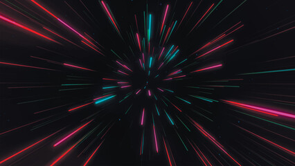 Abstract geometric background of radial lines. Aerial flight inside festive fireworks. Movement effect. Speed, fireworks, bright neon glow. 3D vector.