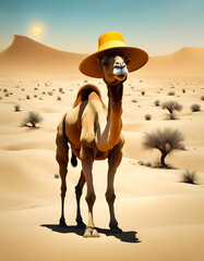 A camel with a sun hat in the desert