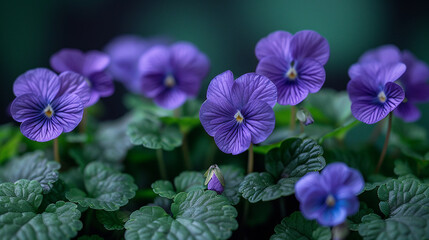 Clusters of purple violets with heart-shaped leaves in a shaded area