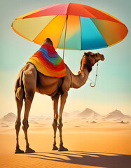 A camel stands under a parasol in the desert