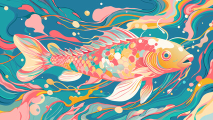 Vibrant Abstract Koi Fish Swimming in Colorful Whimsical Waves