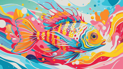 Vibrant Tropical Fish Illustration on Colorful Abstract Background