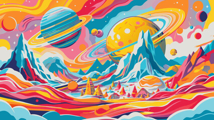 Vibrant Cosmic Abstract: Planets, Mountains, and Space Adventure