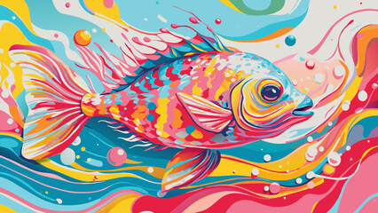 Vibrant Abstract Colorful Fish Illustration with Splashes