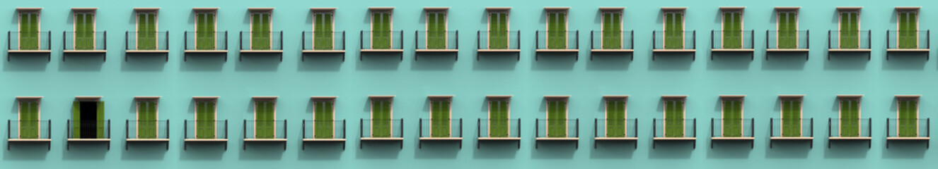 Green windows of a building, panoramic