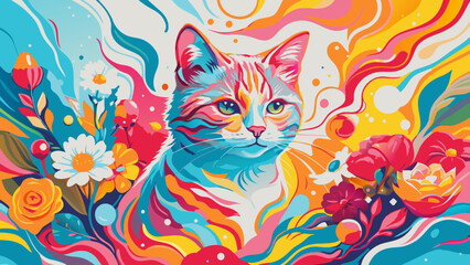 Vibrant Multicolored Abstract Cat Illustration with Floral Elements