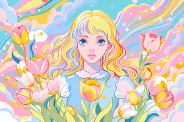 Vibrant Anime Girl with Tulips on Abstract Pastel Background