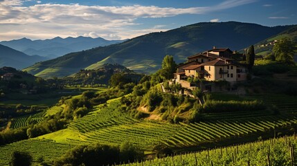 Obraz premium a house on a hill with rows of green plants
