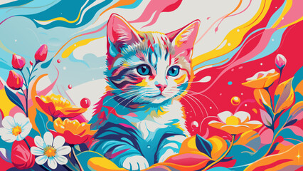 Colorful Abstract Kitten Illustration with Vibrant Floral Background
