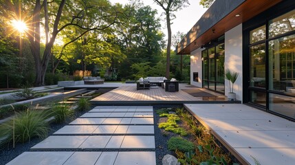 a patio with a large stone walkway and trees