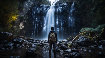 a man standing in front of a waterfall - Powered by Adobe