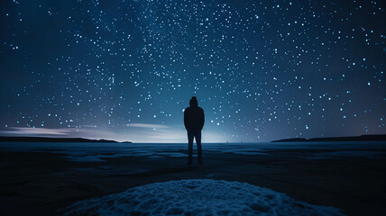 A silhouette of a person standing under a vast night sky illuminated by millions of stars,...