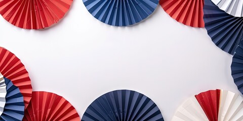 Professional banner featuring assorted paper fans with patriotic colors and patterns, strategically positioned on the right with ample copy space on the left - Concept of national celebration and deco