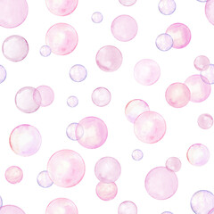 Cute pink polka dots. Seamless pattern with simple geometric shape. Bubbles in soft pastel color. Circles in creative minimalist style. Round doodle spots. Watercolor illustration for package