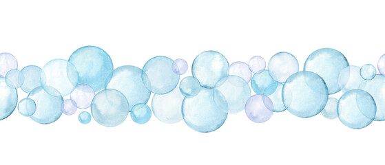 Blue bubbles. Polka dots seamless border. Simple geometric shape in soft pastel color. Creative minimalist style. Delicate circles, round doodle spots. Watercolor illustration for nursery design