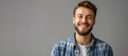 Obraz premium A man with a beard and a blue plaid shirt is smiling. He is wearing a gray shirt. Happy man adult face caucasian isolated background handsome confidence portrait casual attractive guy young person