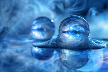 Glowing orbs suspended in an ethereal mist, casting soft reflections on a polished surface adorned with layers of deep, mesmerizing blue.