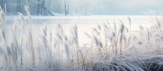 Grasses by a snowy lake