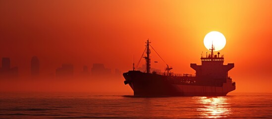 Ship sailing in ocean at dusk with city skyline