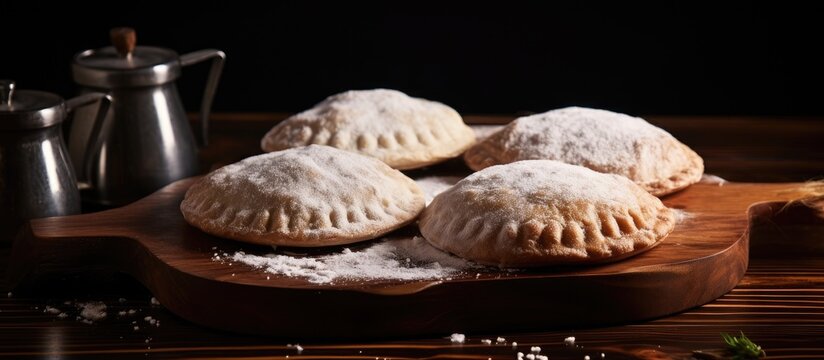 Meat pies and teapot on wooden board