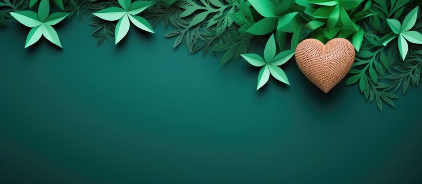 Naklejki Heart-shaped foliage paper art on green backdrop