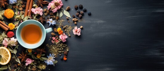 Obraz na płótnie Canvas Hot tea with blooms and spices