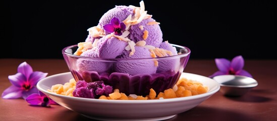 Purple ice cream bowl with spoon and flowers