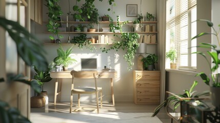 An image of a home office with a large desk, a comfortable chair, and a lot of plants. The room is bright and sunny, and the plants are all green and healthy.