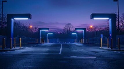 Obraz premium Empty parking entrance with striped barriers under cool white lights at twilight
