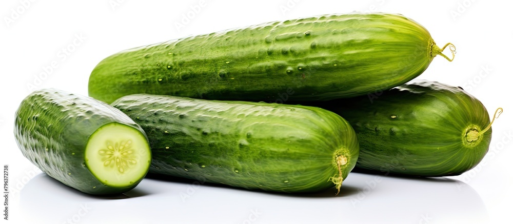 Poster three sliced cucumbers on white surface