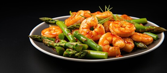 Plate of shrimp and asparagus with sauce