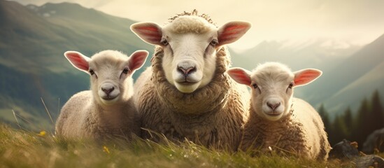 Three sheep graze in field, mountains distant