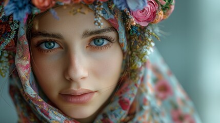 Beautiful Israeli woman with flower headdress  using generative AI tools	
