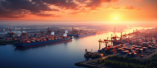 Container ship docked in harbor during sunset - obrazy, fototapety, plakaty