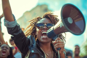 woman with Afro raises her fist and shouts through a megaphone at a street protest.
