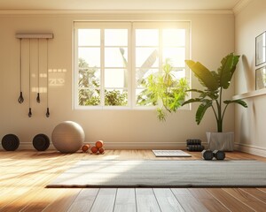 Home gym with large windows, plants, yoga mat, stability ball, dumbbells and TRX straps.