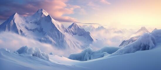 Mountains covered in snow and ice at sunset - obrazy, fototapety, plakaty