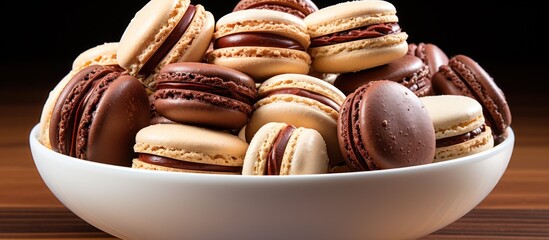 Tasty macaroons in bowl on wooden table, closeup, Bowl of Chocolate Macarons - Powered by Adobe
