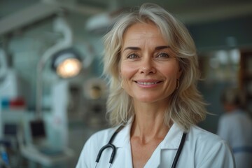 A seasoned female doctor exudes warmth and competence with a reassuring smile in a clinical setting